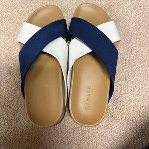 Rothy's Navy and White Cross-Strap Sandals